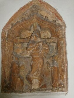 231027-3370 Bleadon - St Peter & St Paul-preaching cross fragment on porch E wall-madonna and ...JPG